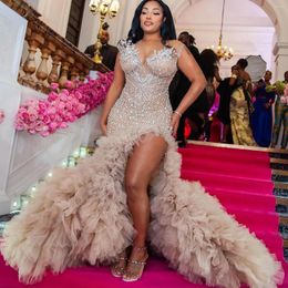 Party Dresses Fabulous Beaded Asymmetrical Long Maxi Gowns Luxury Crystal African Prom With Ruffles Tulle Bottom Aso Ebi