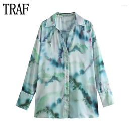 Women's Blouses 2024 Tie Dye Shirts For Women Print Oversized Shirt Woman Summer Satin And Long Sleeve Button Up