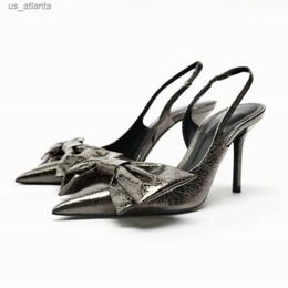Dress Shoes TRAF Big Bow Matte Texture Women High Heels Fashion Dark Sliver Grey Slingbacks Pumps New Pointed Toe Stilettos For Woman H240403