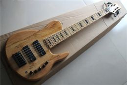 Guitar Flyoung 6 Strings Spalted Maple Veneer Electric Bass Guitar with Black Block Inlays,Offer Customise