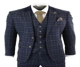 Mens Navy Blue Mens Suits 3 Piece Herringbone Cheque Suit Vintage Retro Peaky Blinders Tweed Custom Made Business Man Wear4252017