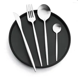 Flatware Sets 1/2/4/6/8 Set Matte Silver Dinnerware Stainless Steel Tableware Cutlery Silverware Knife Fork TeaSpoon 4/8/16/24Pcs Kitchen