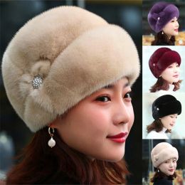 Elegant Women Winter Hat Russian Flower Decor Thickened Warm Solid Color Autumn Winter Thermal Middle-aged Cap For Outdoor