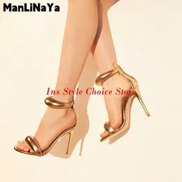 Dress Shoes Runway Thin High Heel Sandals Women Gold Leather Narrow Band Ankle Strap Sandalias Ladies Summer Sexy Party 2024