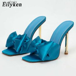 Dress Shoes New Novelty Silk Butterfly-knot Women Slippers Plated Heels Square Toe Party Slip On Stiletto Slides H240403VW6D