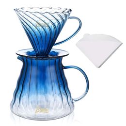 Bincoo Pour Over Hine Set Size 02600ml Server Set, V60 Glass Coffee Drip with Wooden Frame Philtre Paper, Suitable for Home and Office Gifts (blue)