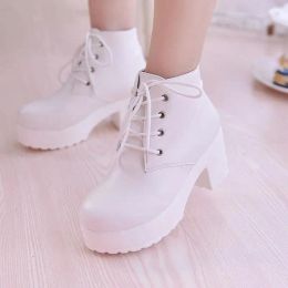 Boots Womens Single Boots New Chunky Heel Round Toe Ankle Boots for Women Spring High Heel Boots Laceup Lolita Shoes Plus Size 3545