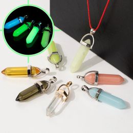 5PCs Multicolor Religious Synthetic Stone Glow In The Dark Luminous Pendants Silver Colour Hexagonal Column Charms DIY Necklace