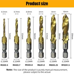 1/6Pcs Tap Drill Bit Set Hex Shank Titanium Plated HSS Screw Thread Bit Tap Drill Bit Compound Bit M3 M4 M5 M6 M8 M10 Hand Tools