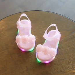 Summer Children Flower LED Sandals Girl Casual Wear Jelly Shoes Leaky toe Slippers For Baby Girls Beach Sandals SO110 240318