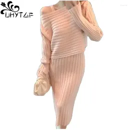 Work Dresses Fashion Korean Two-Piece Set Womens Suspenders Dress Short Pullover Sweater Knit Top Female Elegant Sexy Skirt Suit Ladies 462