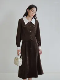 Work Dresses DUSHU Brown Corduroy Blouse Skirt Sets Contrasting Color Polo Neck Puff Sleeve Shirt Back Elastic Waist Design Female Long