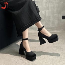 Dress Shoes Platform High Heels Pumps Women Square Toe Suede Y2k Mary Jane 10cm Black Thick Heel Party Ladies 2024