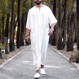 Muslim Islamic Robe Kaftan Long Sleeve Dress Arabic Loose Vintage Male Kaftan Dubai Saudi Arab Men Clothing White Wedding Party 240328