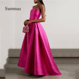 Party Dresses Sumnus Fuschia A-Line Evening Strapless Satin Prom Gowns Sleeveless Formal Occasion Princess Dress Saudi Arabia