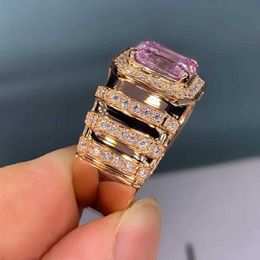 2PCS Wedding Rings Huitan Aesthetic Pink Cubic Zirconia Engagement Ring for Women Luxury Gold Color Band Newly-designed Wedding Trendy Ring Jewelry