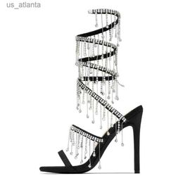 Dress Shoes Runway style Bling Crystal Tassels Snake Coiled Women Sandals Sexy Stiletto High heels Summer Fashion Party Prom H240403