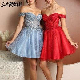 Sweetheart paljett Tulle Mini Homecoming Dresses Plus Size Dance Party Gown Lace Appliques A-Line Short Prom Dress