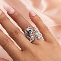 Cluster Rings Korean Silver Colour Imitation Pearl Open For Women Girls Fashion Design Sense Wide Adjustable Finger Ring Jewellery Gift