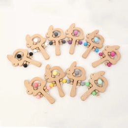 1PC Handmade Beech Animal Hand Teething Wooden Ring Baby Wooden Rattle Makes Sound Montessori Educational Toy Accessories
