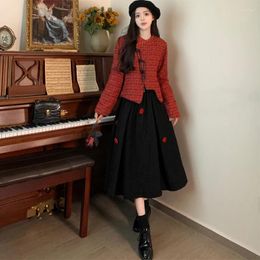 Work Dresses Casual Two-piece Set For Women Tweed Cardigan Top And Floral Embroidery Skirt Large Size Female Autumn Winter Loose Thicken