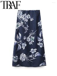 Skirts Ultra Thin Satin Printed Women A-Line Skirt 2024 Summer Zipper Side Elastic High Waist Female Midi Long Y2K