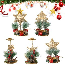 Candle Holders Christmas Wrought Iron Candlestick Ornaments Pine Nut Berry Pentagram Xmas Tree Holder Home Year Table Decor