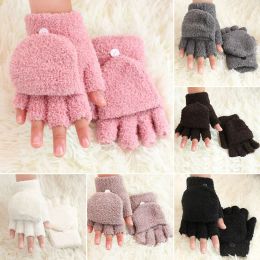 Women Soft Coral Fleece Flip Cover Half Finger Gloves Winter Outdoor Warmer Cycling Riding Mittens Ladies Cute Solid Colour Golve