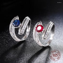 Cluster Rings 925 Sterling Silver Cubic Zircon Jewelry Accessories 6mm Round Shape Red Ruby Blue Sapphire Lady Finger Ring