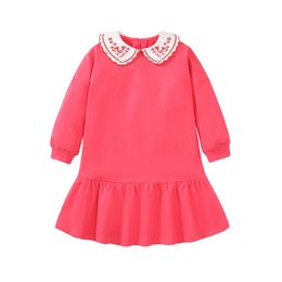 Embroidery for Autumn and winter Vestidos Girls Childrens Clothes Cotton Solid Colour Pretty Elegant Dress 240403