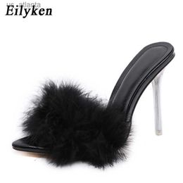 Dress Shoes Summer Sexy Pointed Toe Furry Slippers Ladies Sandals Fashion Design Clear Perspex Heels Women Mules Fluffy Slides H24040350LS