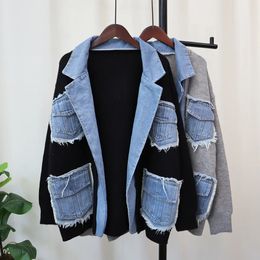 Autumn Winter Denim Pocket Spliced Women Sweater Jacket Casual Versatile Knit Female Cardigans Coat Tops 240320