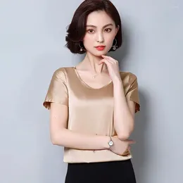 Women's Blouses Summer Silk O-neck Sling Top Satin Short Sleeve Stretch Shirt Solid Blouse Womens Tops And Office Lady Women Shirts 2126