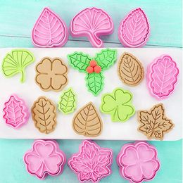 Baking Moulds 8Pcs Set Leaf Cookie Cutter Stamp Plastic Cartoon Pressable Biscuit Mold Confectionery Pastry Bakeware Tools