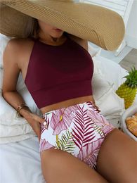 Women's Swimwear High Neck Bikini 2023 Women High Waist Swimsuit Solid Swimwear Female Sports Vest Bathers Bathing Swimming Suit Padded Beachwear Y240402