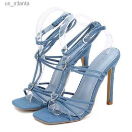 Dress Shoes Gladiator Narrow Band Buckle Strap Sandals Woman Summer Square Toe Thin High Heels Sexy Stripper Banquet Pumps H2404037H7J