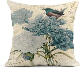 Pillow Summer Watercolour Blue Hydrangea Flowers And Birds Linen Cover Home Decoration Pillowcase Square Sofa Bed