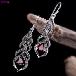 Earrings BOCAI S925 Sterling Silver Earrings for Women Handmade Lady Elegant Water Drop Red Garnet Agate Pure Argentum Gems Jewellery