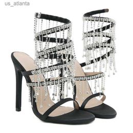 Dress Shoes Summer Fashion Rhinestone Golden Crystal Sandals Womens String Bead High Heel Gladiator Wrap Strap Night Club H240403XQ56