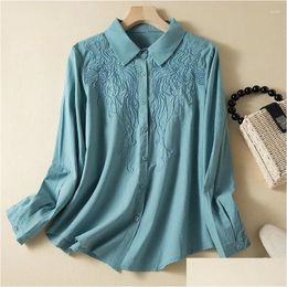 Womens Blouses Shirts Chinese Style Shirt Summer Cotton Linen Vintage Embroidery Clothing Loose Long Sleeve Women Tops Ycmyunyan Drop Otykv