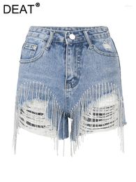 Women's Jeans Fashion Denim Shorts High Waist Holes Diamond Tassel Chain Decorate Zip Pockets Trouser Summer 2024 AE32305