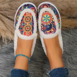 Casual Shoes Warm Shearing Lined Canvas Loafers Woman Winter Plush Flat Sneakers Ladies Colorful Print Slip-on Furry Moccasin