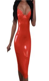 Women Autumn Fashion Faux Leather Latex Dress V Nck Sexy Slim Pvc Black White Pink Red Long Party Plus Size Casual Dresses7938390