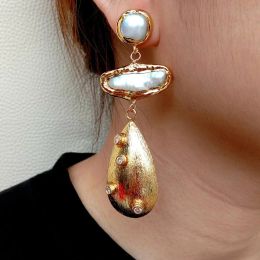 Earrings YYGEM natural Cultured White Biwa Pearl Teardrop Brushed Bead Cz Pave Stud Earrings