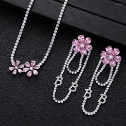 Necklace Earrings Set Luxury Geometry Flower Pink CZ Tennis Chain Earring For Women Wedding Evening Party Dinner Dubai Jewelry Gifts S367