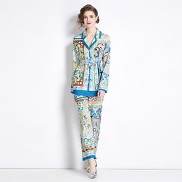 Fashion Loose Pyjama Style Sets, Print Suit Collar Top With Belt, Straight Wide Leg Pants, 2pcs Set, Spring Autumn