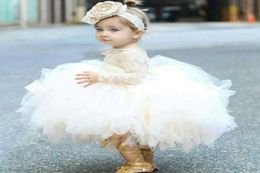 2021 Vintage Lovely Ivory Baby Infant Toddler Baptism Clothes Flower Girl Dresses With Long Sleeves Lace Sheer Neck Tutu Ball Gown8485049