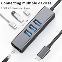 USB 3.0 Type-C 4in1 Hub 1000Mbps RJ45 LAN Ethernet Adapter 3 Ports USB3.0 5Gbps OTG Splitter Network Card for Laptops PC Grey