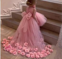 Stunning Tulle Pink Flower Girl Dresses for Weddings High Neck Sleeves Sweep Train 3D Floral Applique Communion Dress Girls Pagean5375329