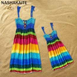 Necklaces Nashakaite Mommy and Me Clothes Rainbow Sling Dress Bohemia Beach Mother Daughter Dresses Family Look Contains Necklace Gift